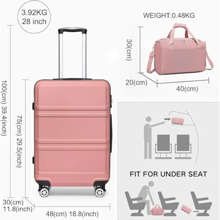 KONO Koffer Set, 2-teiliges Reisekoffer Set mit 75cm Trolley und 40x30x20cm Ryanair Reisetasche, rosegold, TSA Schloss, 4 Rollen – Bild 2