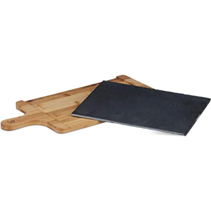 Relaxdays Servierbrett, Bambus, Schiefer Platte, Schneidebrett, Griff, rustikal, H x B x T: 1,8 x 45 x 22,5 cm, grau – Bild 4