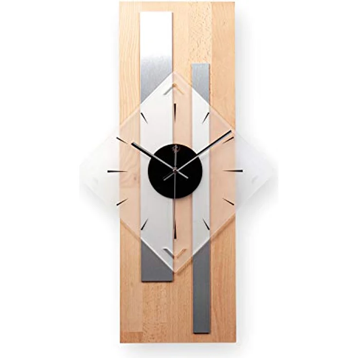 Kreative Feder Moderne Designer Holz Alu Funk Wanduhr leise Funkuhr ohne Ticken 60x30cm (Buche, leises Funkuhrwerk) – Bild 3