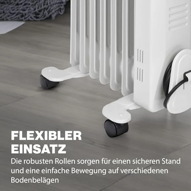 Clatronic RA 3735 7 Rippen-Ölradiator, mobiler Heizkörper bis 1500 Watt, Wärmeregulierung über stufenlosen Thermostatregler, Flexibler Einsatz durch 4 Leichtlaufrollen, Slimline-Bauweise, weiß, Radiator – Bild 5