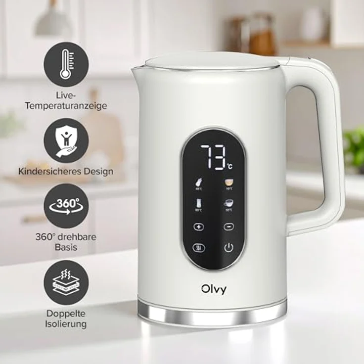 Olvy Wasserkocher Edelstahl mit präziser Temperatureinstellung, 1,7 Liter, Warmhaltefunktion und Kalkfilter – Bild 3