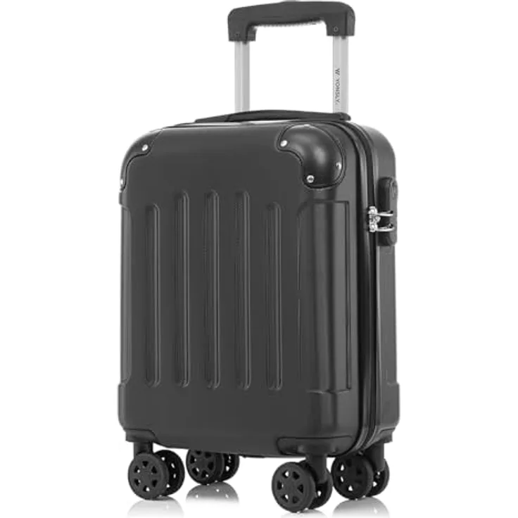 YONSLY Kabinenkoffer S mit abnehmbaren Rädern, Hartschalenreisekoffer in Schwarz, Trolley mit 4x 360° Rollen, Zahlenschloss und Gummigriff