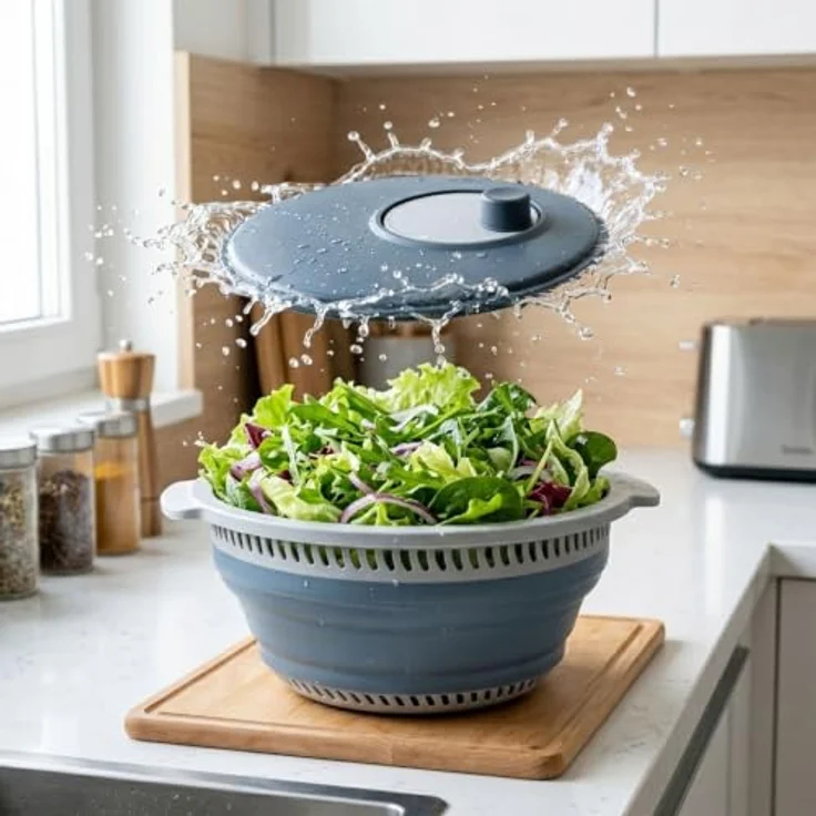 Spetebo Salatschleuder faltbar Ø 27 cm mit Anti-Rutsch-Boden, 5 L, grau/translucent, mit entnehmbarem Sieb und hoher Schleuderkraft – Bild 3