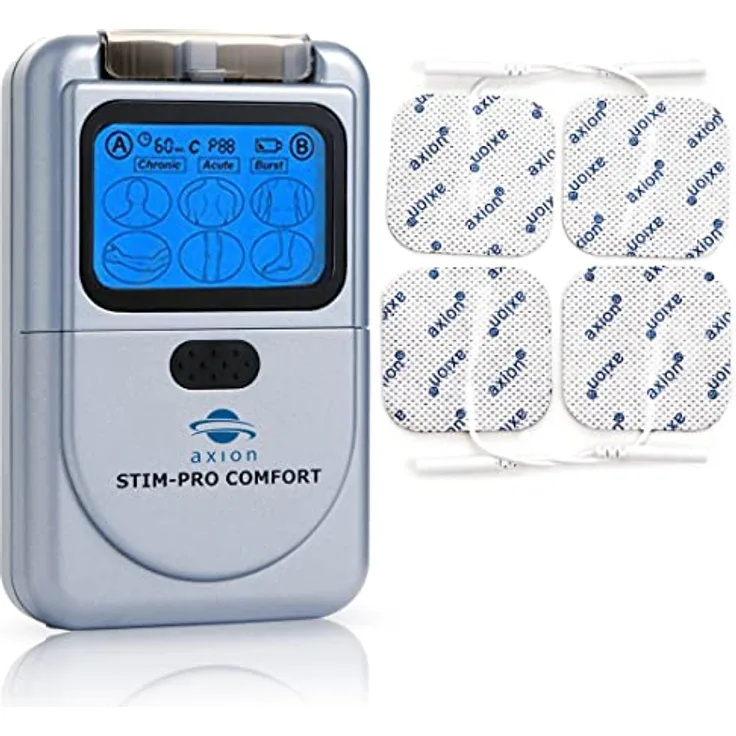axion TENS Gerät STIM-PRO Comfort zur Schmerztherapie - 4 STK 5x5 cm Elektroden Pads | Reizstromgerät für Schmerztherapie z.B. bei Arthrose, Arthritis, Nacken, Rücken, Gelenke | Zert. Med. Produkt