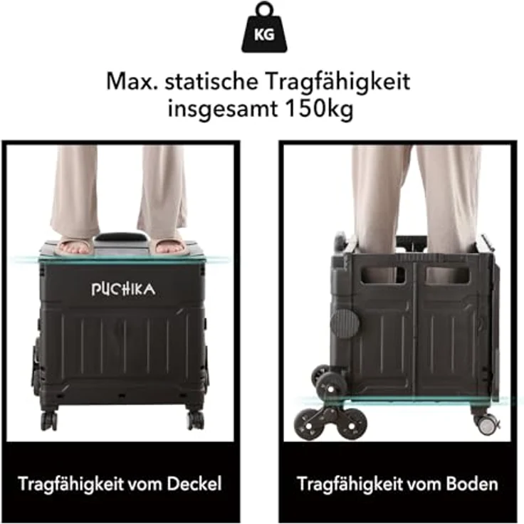 PUCHIKA Einkaufstrolley klappbar, Einkaufswagen Trolley mit Deckel, faltbar, flachziehbar, 8 Gummiräder, 48L, Schwarz – Bild 5