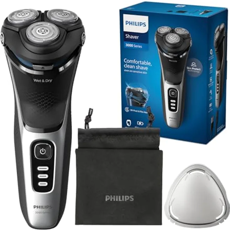 Philips Shaver Series 3000 – Elektrischer Nass- und Trockenrasierer für Männer in Schwarz, mit SkinProtect-Technologie, ausklappbarem Bartschneider und Reisetasche, kabellos (Modell S3241/12)