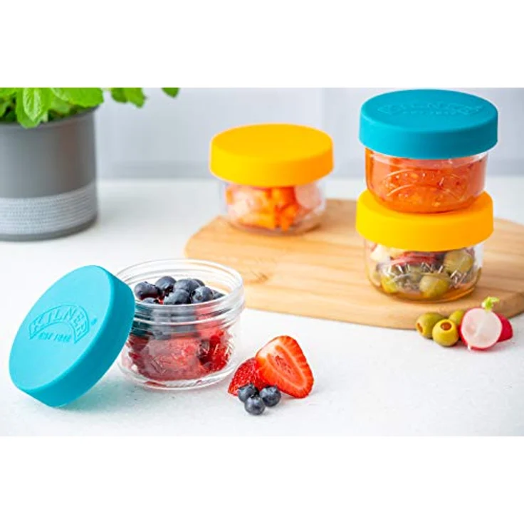 KILNER Snackgläser 125ml 2er Set, luftdicht mit bunten Silikondeckeln in Blau und Gelb, ideal für Obst und Gemüse – Bild 7