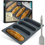 Moritz & Moritz Hot Dog Brötchen Backform Silikon 17cm – Mini Baguette Backform Silikon für Hotdogs, Minikuchen und große Müsliriegel inkl. Teigschaber und Rezeptheft