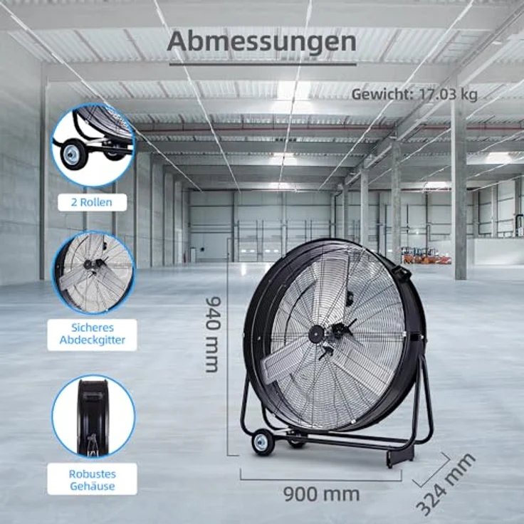 Be Cool Bodenventilator 300W, leistungsstarker Trommelventilator mit 2 Geschwindigkeitsstufen und verstellbarer Neigung, mobil mit Rollen – Bild 6
