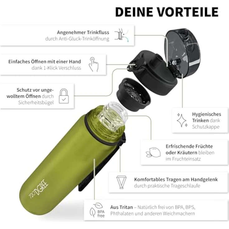 720°DGREE Trinkflasche uberBottle, Trinkflasche, Wasserflasche, 500ml, Auslaufsicher, Sportflasche, für Schule, Sport, Fahrrad, Outdoor, Wandern, mit Früchtesieb, olivgrün – Bild 2