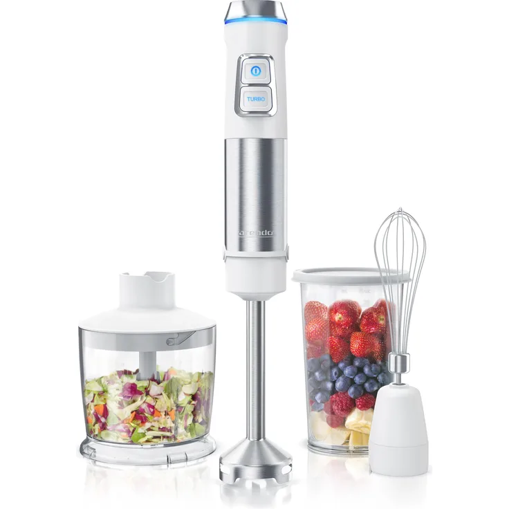 Arendo Stabmixer 1200W, Pürierstab Edelstahl Set mit Messbecher, Zerkleinerer, Schneebesen, DC Motor, Weiß, Stabmixer, Weiss