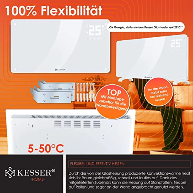 KESSER® Glaskonvektor Glasheizung Elektroheizkörper APP WiFi Funktion Inkl. Fernbedienung Elektroheizung Stand- oder Wand Heizung Heizkörper | Touchscreen | LCD-Display | Timer | 2500 Watt | Weiß – Bild 3