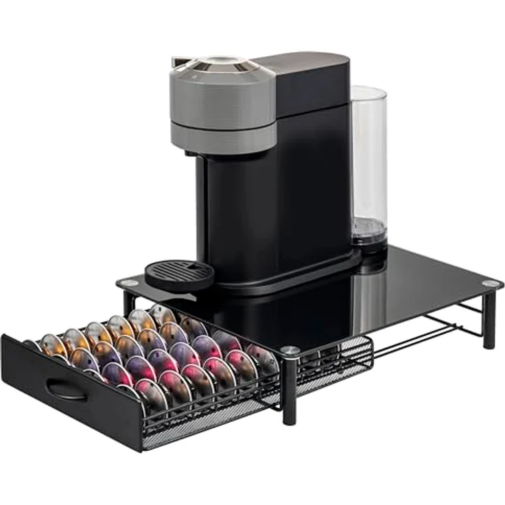 eluno Kapselhalter für 40x Nespresso Vertuo, Schubladenbox mit Glasplatte und Metallstandfuß, praktische Kaffeekapselbox in schwarz, ca. 33,5 x 9 x 41 cm (B/H/T) – Bild 1