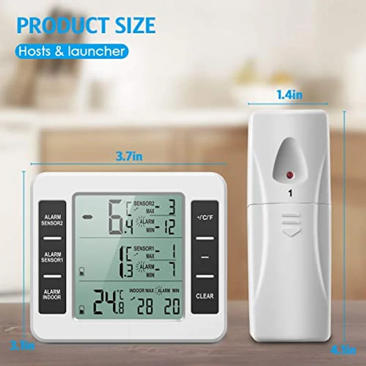 Brifit Kühlschrank Thermometer, Digitales Gefrierschrank Thermometer mit 2 Sensoren, Temperaturalarm, MIN/MAX, Temperaturtrendanzeige, großes LCD-Display – Bild 5