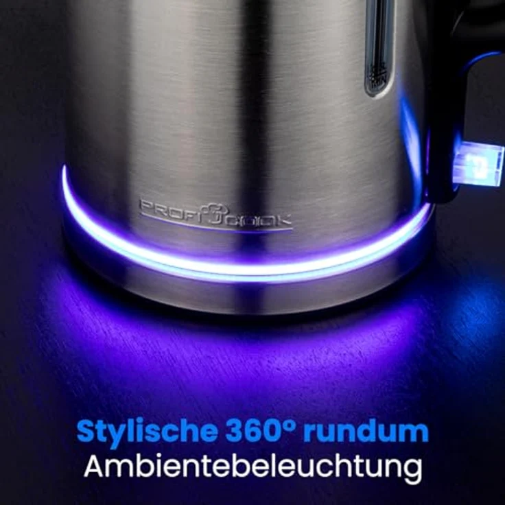 ProfiCook® PC WKS 1321 Wasserkocher Edelstahl 1,7L mit Ambiente-Beleuchtung, 2200W, Einhandbedienung, BPA frei, 360° Station mit Kabelaufwicklung – Bild 3
