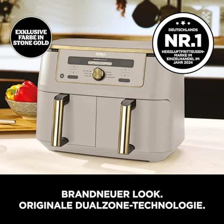 Ninja DZ400EUSTGD Dual Zone Digital Air Fryer, 2 Schubladen, 6-in-1 Heißluftfritteuse, 9,5L, Stone Gold, spülmaschinenfeste Körbe, Max Crisp, Rösten, Backen, Aufwärmen, Dörren – Bild 2