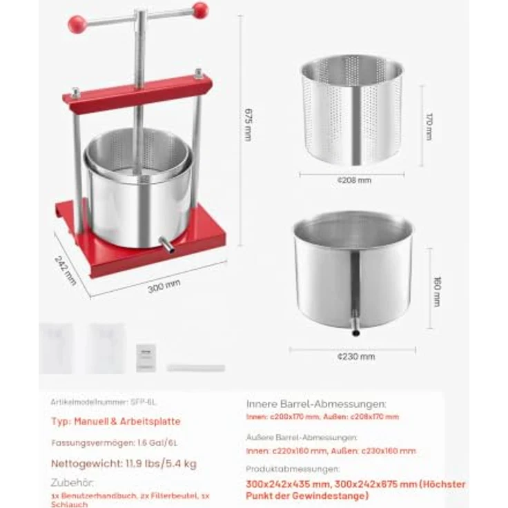 VEVOR Obstweinpresse SFP-6L, 6L Manuelle Saftpresse mit T-Griff, Edelstahlfässer und robuste Aluminiumlegierung für die Küche – Bild 7