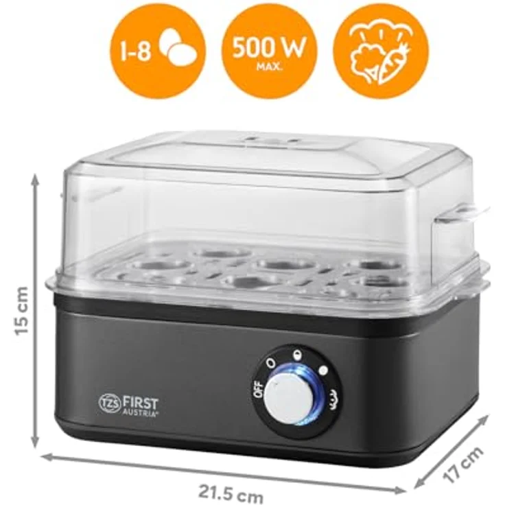 TZS First Austria Eierkocher Grau, 8 Eier Kapazität, 4 Kochstufen mit Dampfgarfunktion, automatische Abschaltung, Trockenkochschutz, inkl. Messbecher & Pochierschale – Bild 2