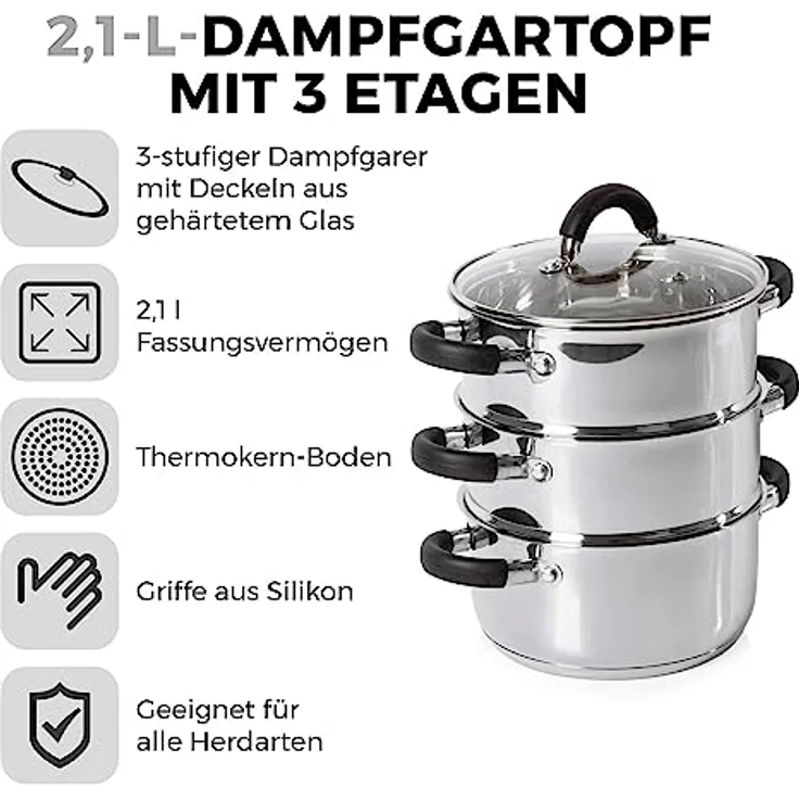 Tower T80836 Essentials Induktions-Dampfgarpfannen, 3 Etagen mit Glasdeckel, Silikongriffe, Edelstahl, Dampfgaren, Hochglanzpoliert, 18 cm, Silber – Bild 2