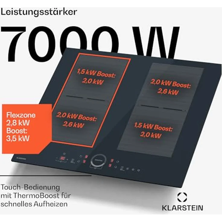 Klarstein Delicatessa 60 Induktionskochfeld, 4-Zonen Einbaukochfeld mit 7.000 W, Flexizone, Thermoboost, Schieberegler, Kindersicherung, Glaskeramik Schwarz – Bild 3