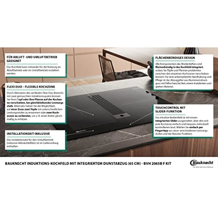 Bauknecht BVH 2065B F KIT Induktions-Kochfeld mit integriertem Dunstabzug / 65 cm/Booster-Funktion/Kindersicherung/FlexiDuo/Restwärmeanzeige/Flächenbündiges Design/Touch-Control – Bild 4
