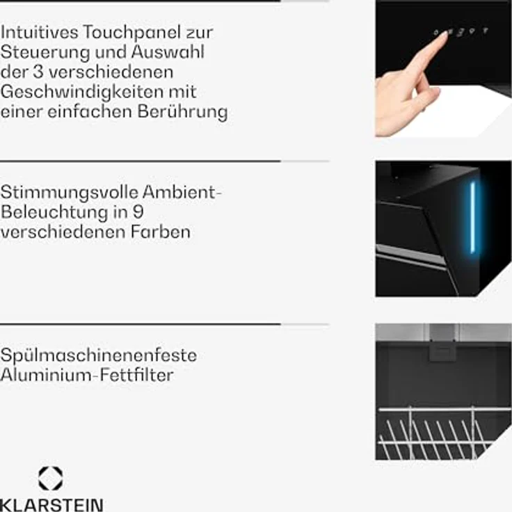 Klarstein 10040230 Wandhaube, Alina 60 Smart Dunstabzugshaube 60 cm 594 m³/h LED Ambiente-Licht Glasfront, schwarz – Bild 7