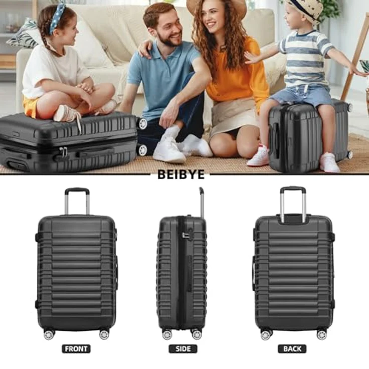 BEIBYE Hartschalen Koffer Trolley Kofferset, 3-teilig (XL, L, M), Schwarz, mit 360° Zwillingsrollen und integriertem Zahlenschloss, erweiterbar – Bild 2