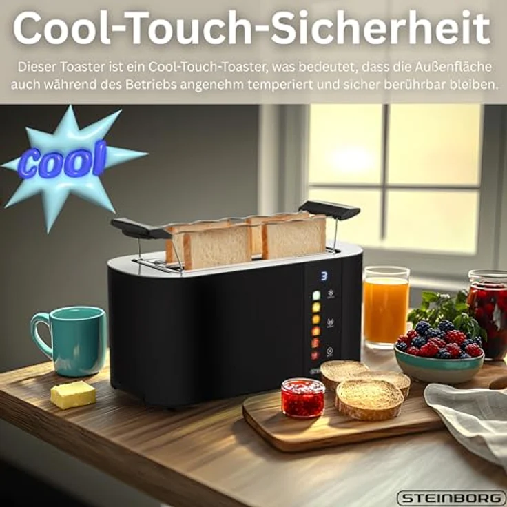 Steinborg® Langschlitz-Toaster 4 Scheiben, Automatik mit Brötchenaufsatz, Cool-Touch Edelstahl, digitales Display, selbstzentrierende Führung, Restzeitanzeige, automatische Abschaltung – Bild 4