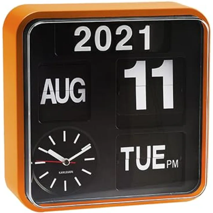 Karlsson KA5364OR Mini Flip Wanduhr, orange mit schwarzem Ziffernblatt, Quarzwerk, 24,5 x 24,5 x 10 cm