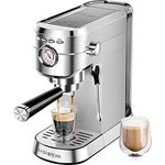 CASABREWS Espresso Siebträgermaschine 20 Bar, Edelstahl-Espressomaschine mit professionellem Milchaufschäumer, 1L Wassertank, silber
