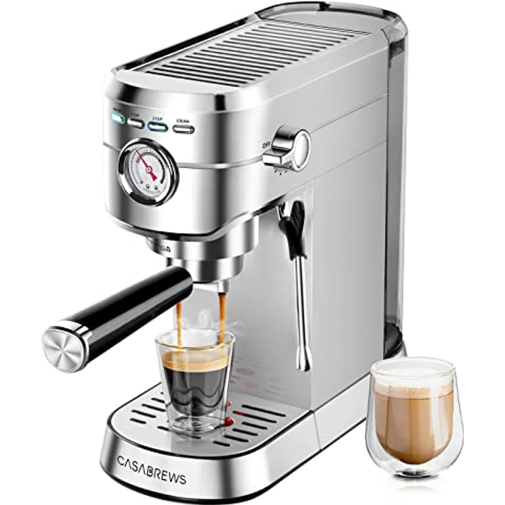 CASABREWS Espresso Siebträgermaschine 20 Bar, Edelstahl-Espressomaschine mit professionellem Milchaufschäumer, 1L Wassertank, silber – Bild 1
