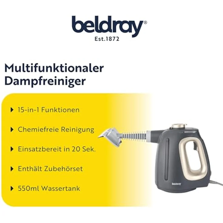 Beldray 15-in-1 Dampfreiniger, Multifunktionaler Handdampfer mit 550ml Wassertank, 1350W, einsatzbereit in 20 Sekunden, chemiefreie Reinigung, umfangreiches Zubehörset – Bild 2