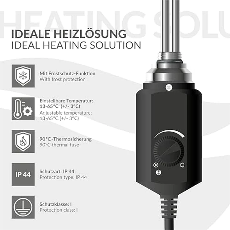 LuxeBath Heizstab 300W Schwarz, Heizpatrone mit Thermostat und Frostschutz-Funktion, IP 44 für Badheizkörper – Bild 6