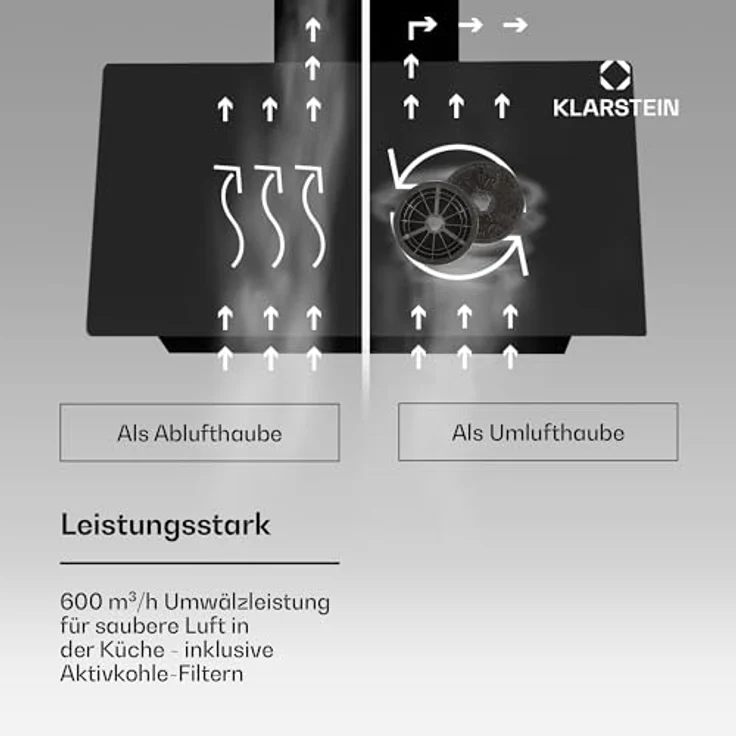 Klarstein Alina Dunstabzugshaube - 60 cm Kopffreihaube, 600 m³/h, Touchpanel, A Energieeffizienz, LED Beleuchtung, 63 dB, Umluft & Abluft, Schwarz – Bild 3