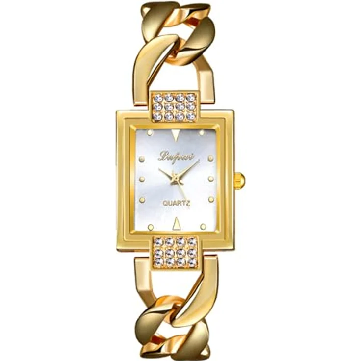 JewelryWe Damenuhr Glitzer Rechteckig, Elegante Strass Analog Quarz Armbanduhr mit Gold Panzerkette und Metallarmband, Wasserdicht 1 ATM – Bild 1