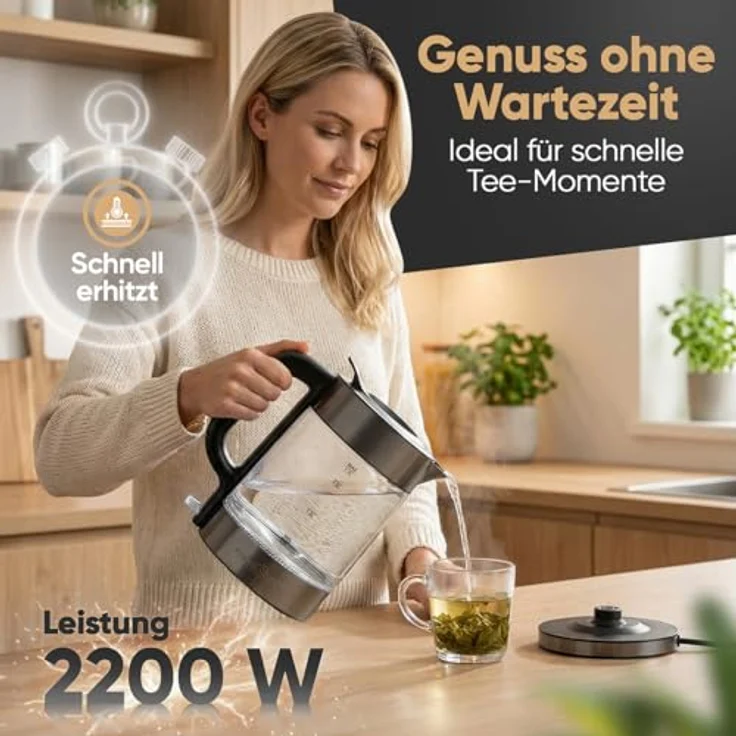 ProfiCook® Wasserkocher PC WK 1322, 1,7L, 2200W, Glas/Edelstahl, beleuchtet, BPA-frei, Einhandbedienung, 360° drehbarer Sockel, schwarz – Bild 2