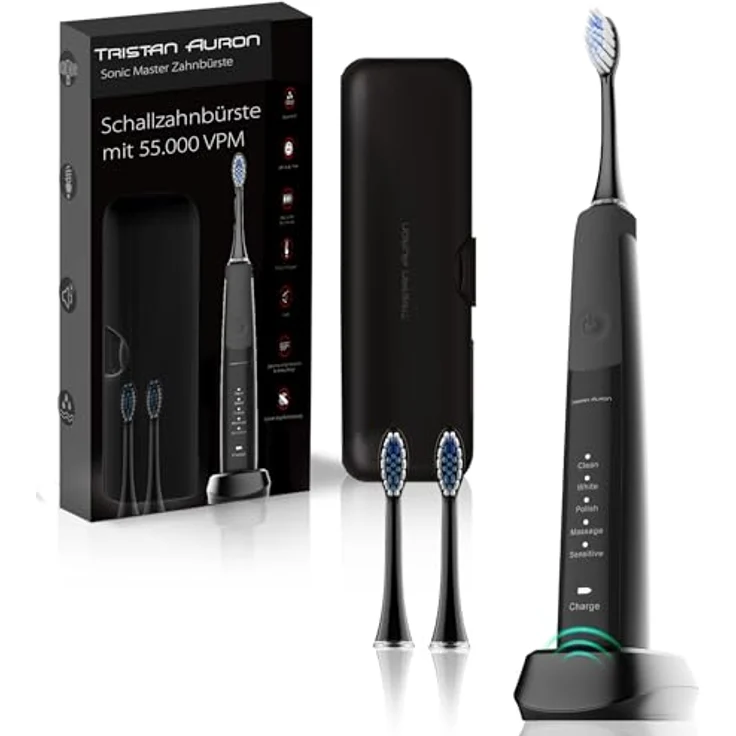 Tristan Auron Sonic Master Schallzahnbürste - Elektrische Zahnbürste mit 55.000 Schwingungen, 5 Reinigungsmodi & 2 Bürstenköpfen, USB Ladestation, leise (Schwarz) – Bild 1
