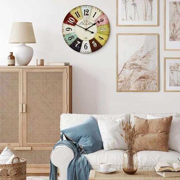 K&L Wall Art leise Retro Wanduhr Shabby Chic Küchenuhr Bunte Holz Vintage Wanduhren Ø40cm große Uhr Quarz Uhrwerk lautlos (40cm Durchmesser, MDF) – Bild 2