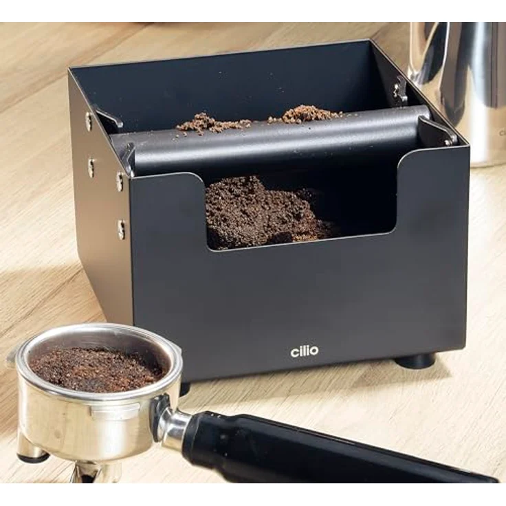Cilio Espresso-Ausschlagdose Barista, 16x16cm, Edelstahl rostfrei, Schwarz, abnehmbare Ausschlagstange mit rutschfesten Füßen – Bild 6