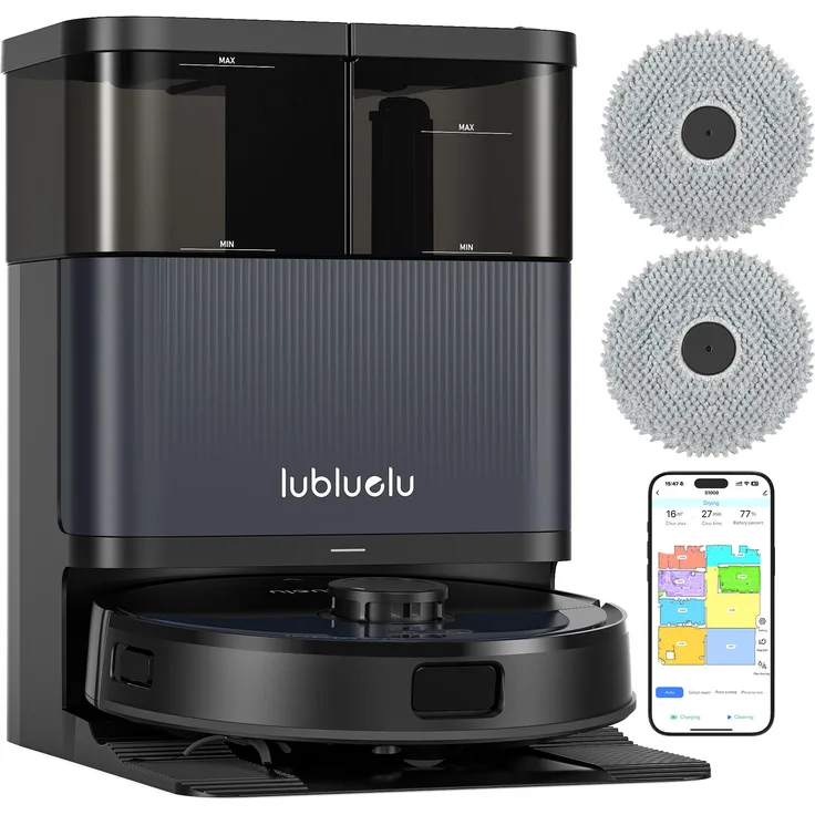 Lubluelu S1000, Beutelloser Staubsauger-Roboter in Schwarz mit Mop-Funktion, 0,3 l, 70 dB, 10000 Pa Saugleistung