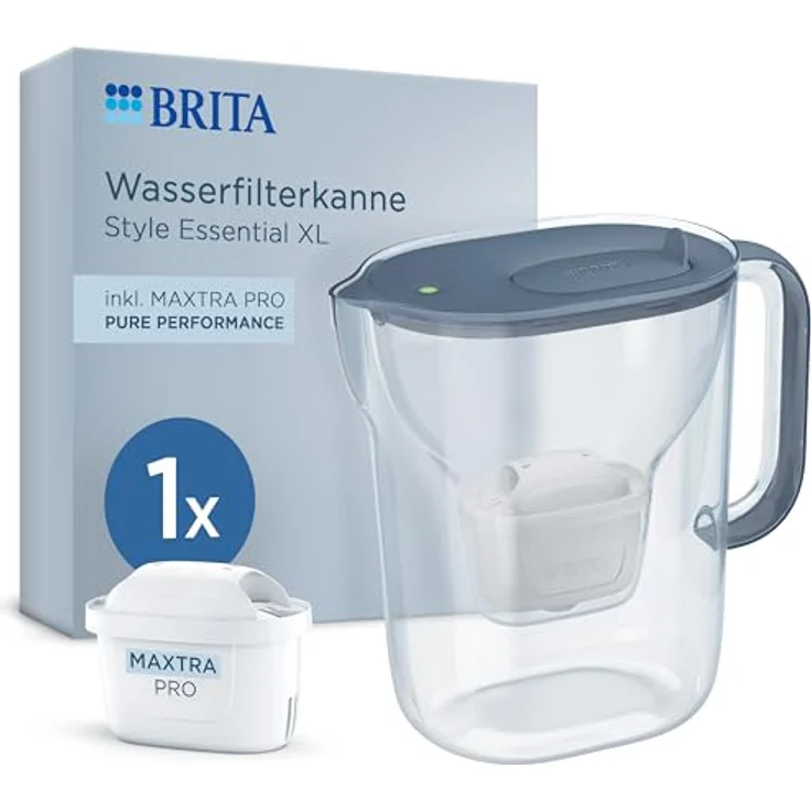 BRITA Wasserfilter Kanne Style Essential XL steinblau, 3,6L mit MAXTRA PRO Pure Performance, Smart Light LED & Klapp-Deckel, filtert Verunreinigungen – Bild 1