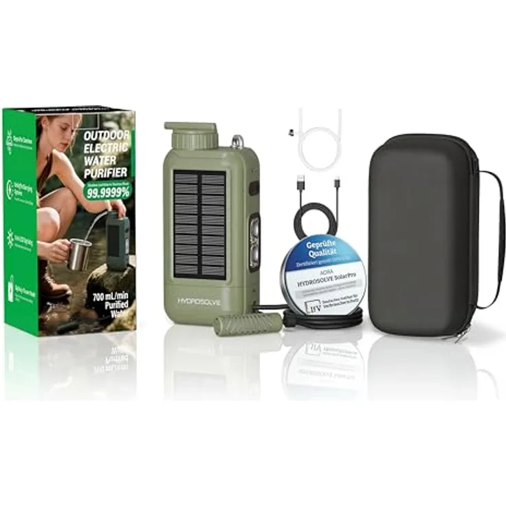 Neues Wasser HYDROSOLVE SolarPro Outdoor Wasserfilter, elektrisch mit 0,01-µm-Filtration, 5200-mAh-Akku, USB & Solar-Energie, tragbar