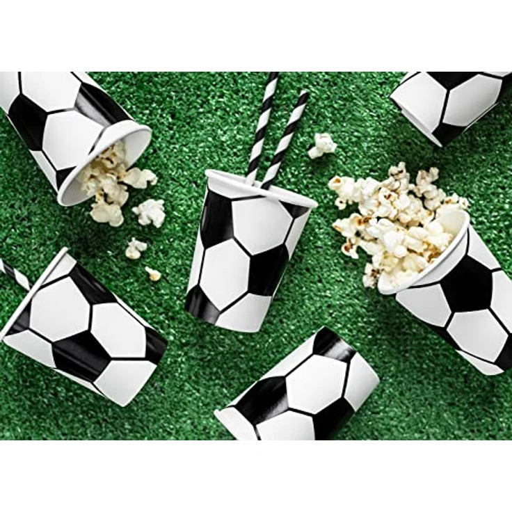 PartyDeco Pappbecher Einweg 6er Set, 220ml, Fußballmuster, schwarz-weiß, kompostierbar, für Kindergeburtstag und Sportpartys – Bild 2