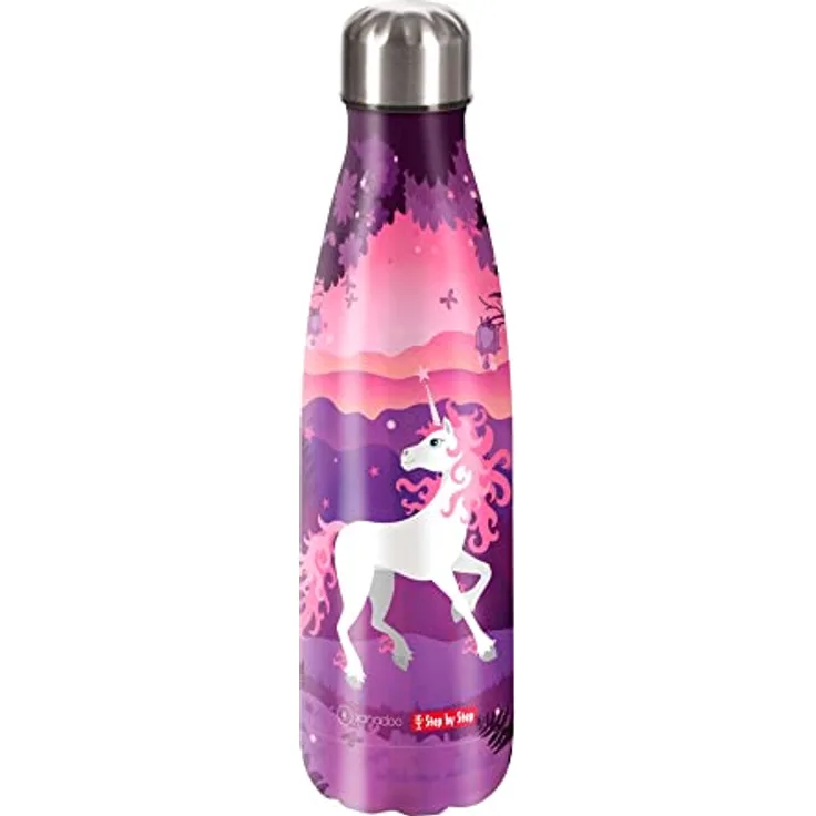 Step by Step Trinkflasche Unicorn Nuala, 0,5 l Edelstahlflasche mit BPA-freiem Schraubverschluss und Kindermotiven, violett/pink