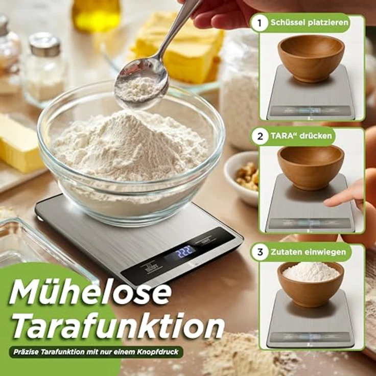 LUNARIA Digitale Küchenwaage 15 kg [PREMIUM], hochpräzise Lebensmittelwaage aus Edelstahl/Kunststoff, große Wiegefläche, LCD-Display, Mehrfacheinheiten (g/kg/oz/lb/ml), batteriebetrieben – Bild 4
