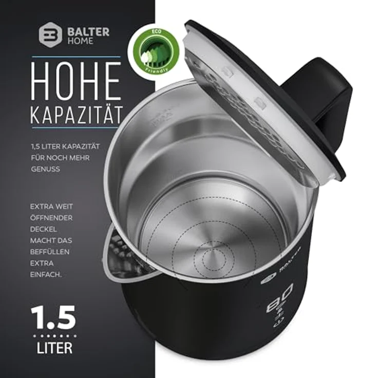 Balter Edelstahl Wasserkocher mit Temperatureinstellung, 40°C-100°C, Doppelwand, BPA frei, 1,5L, Schwarz – Bild 5
