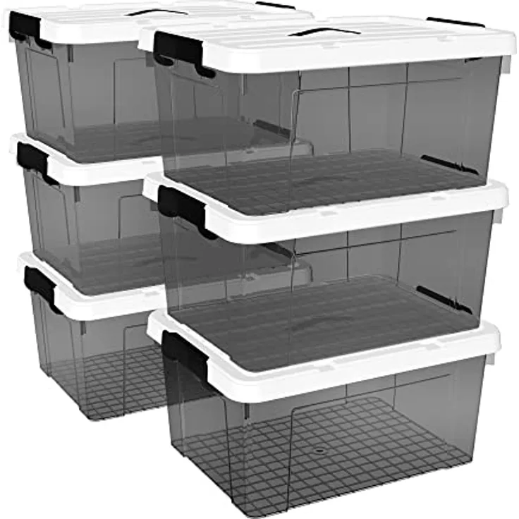 Cetomo 15L*6 Plastic Storage box, Tote box,Organizing Container with Durable Lid and Secure Latching Buckles, Stackable and Nestable, 6Pack, transparent black with Black Buckle