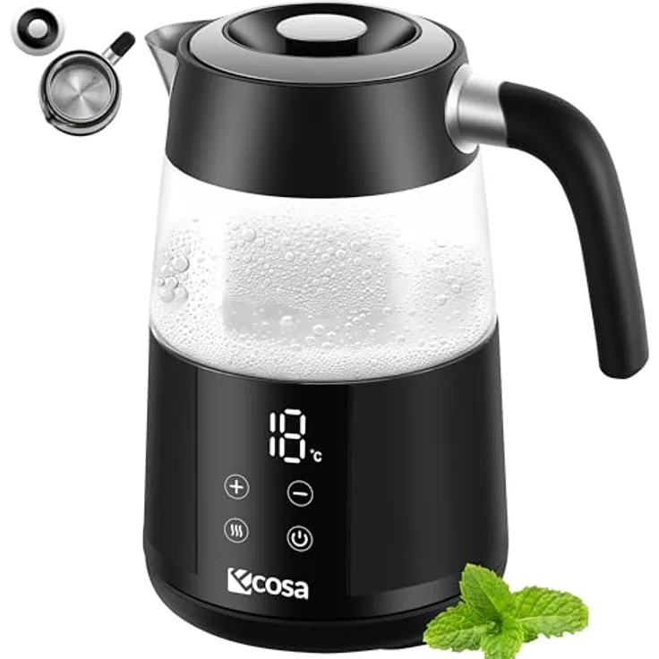 ecosa Wasserkocher EO-699, 1.7 l, 2200 W, digitales Farb-Touchdisplay, 13 Temperaturstufen, Warmhaltefunktion, Kalkfilter, Borosilikatglas
