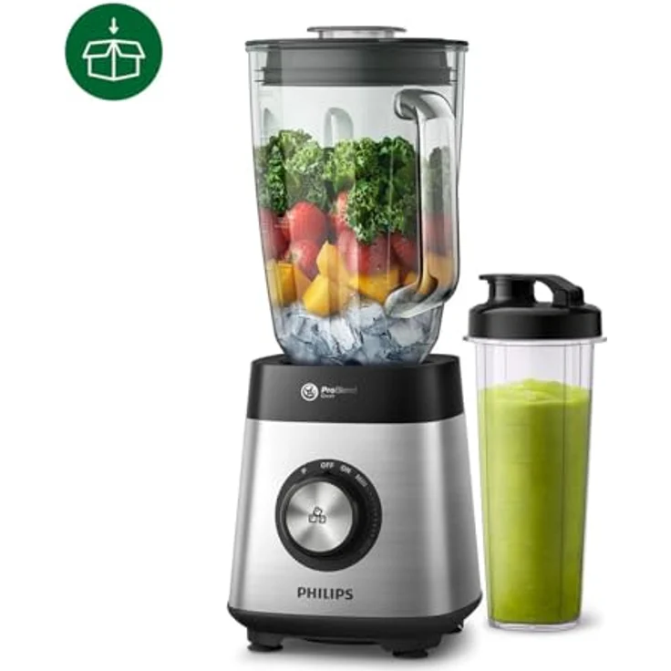Philips Standmixer HR3573-90 (1000 W, 27000 Umdr. - Min., 2L Glasbehälter, Trinkflasche, spülmaschinenfest) Metall-Glas – Bild 2