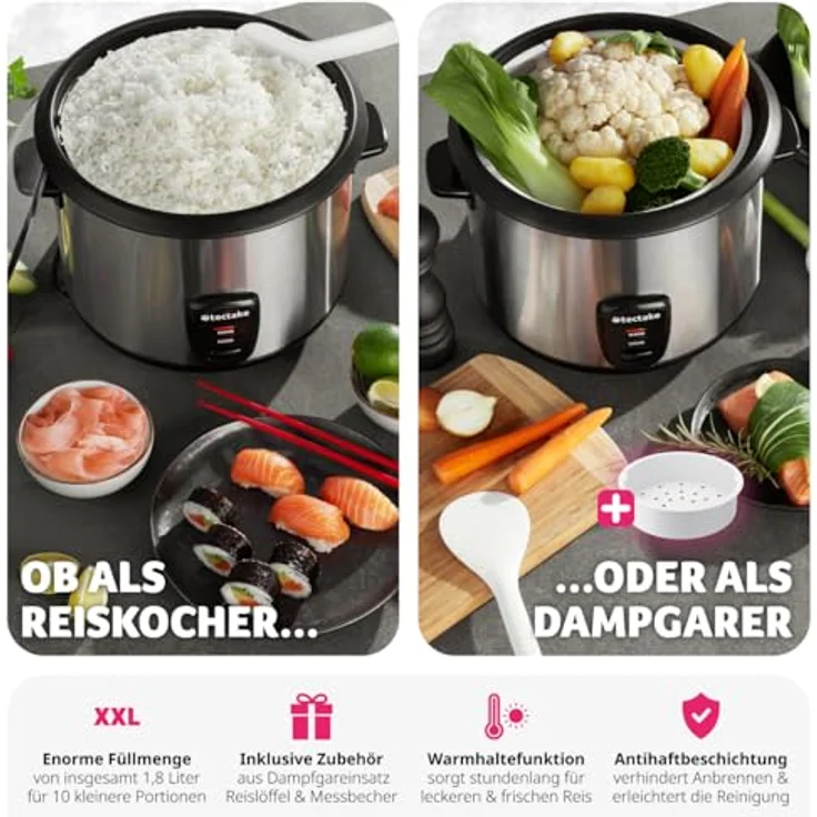 tectake® Reiskocher, Rice Cooker, Steamer Pot, Reis Maker mit Dampfgarer Einsatz, Topf, großes Volumen 1,8 l, bis zu zehn Portionen Klebereis, Vollkornreis oder Sushireis, Stahlgehäuse, Warmhaltefunktion – Bild 3
